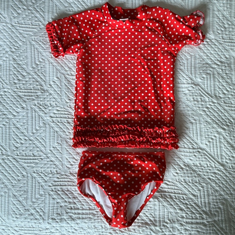 Ruffle Butts Red Polka Dot Ruffle Rash Guard Swim Set